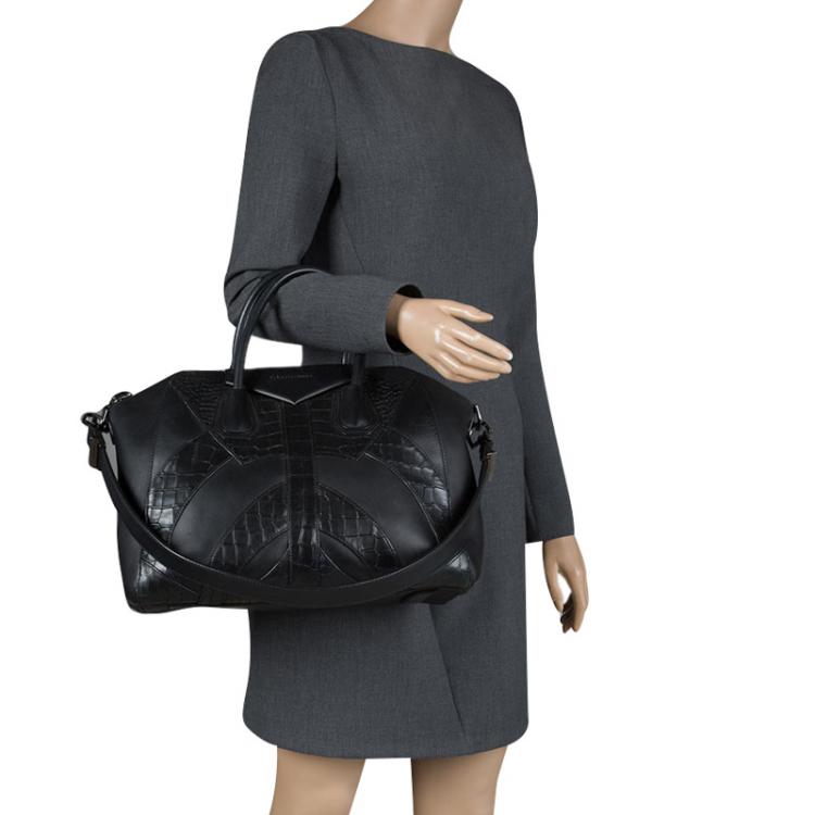 Pre Owned Givenchy Black Croc Embossed Leather Trim Medium Antigona Satchel