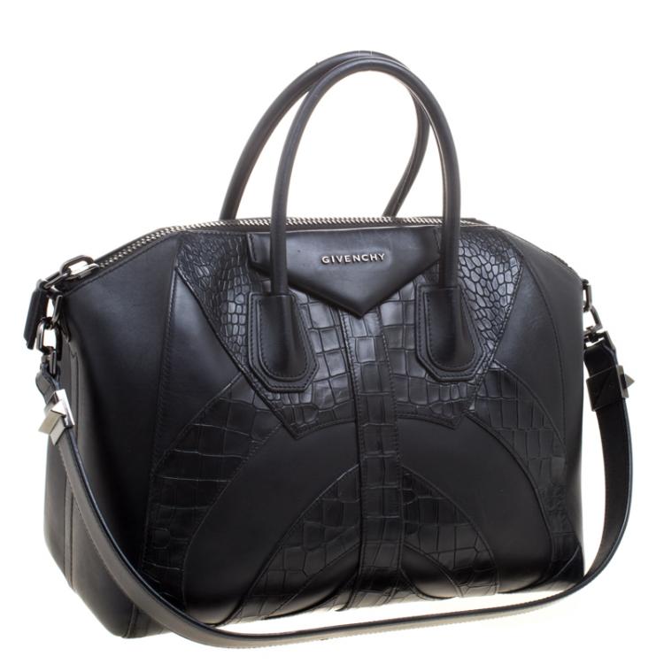 Pre Owned Givenchy Black Croc Embossed Leather Trim Medium Antigona Satchel