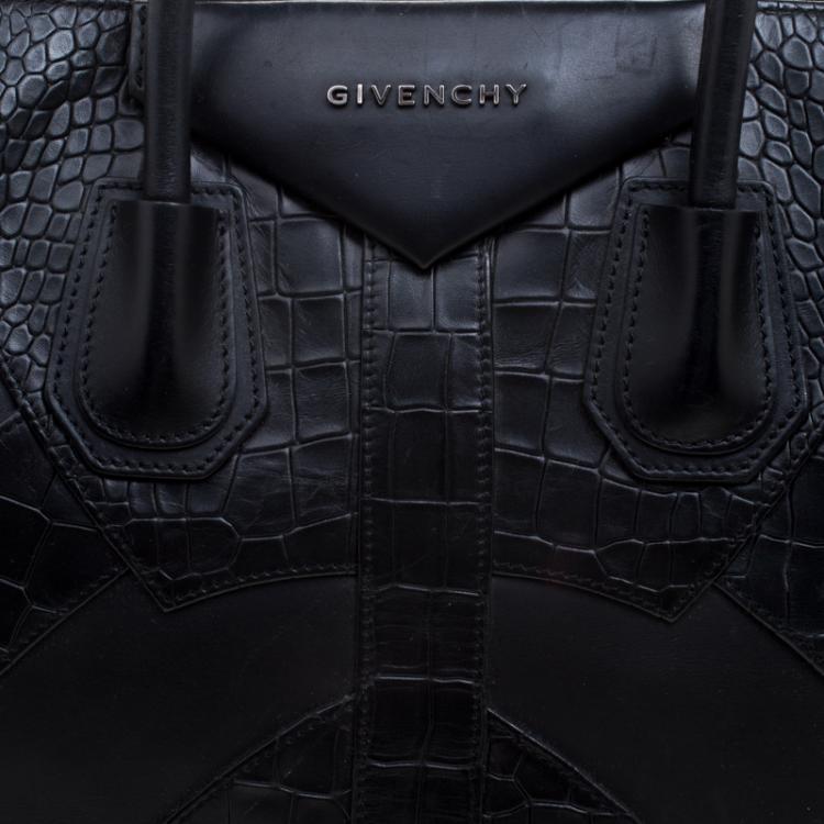 Pre Owned Givenchy Black Croc Embossed Leather Trim Medium Antigona Satchel
