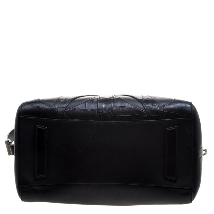 Pre Owned Givenchy Black Croc Embossed Leather Trim Medium Antigona Satchel