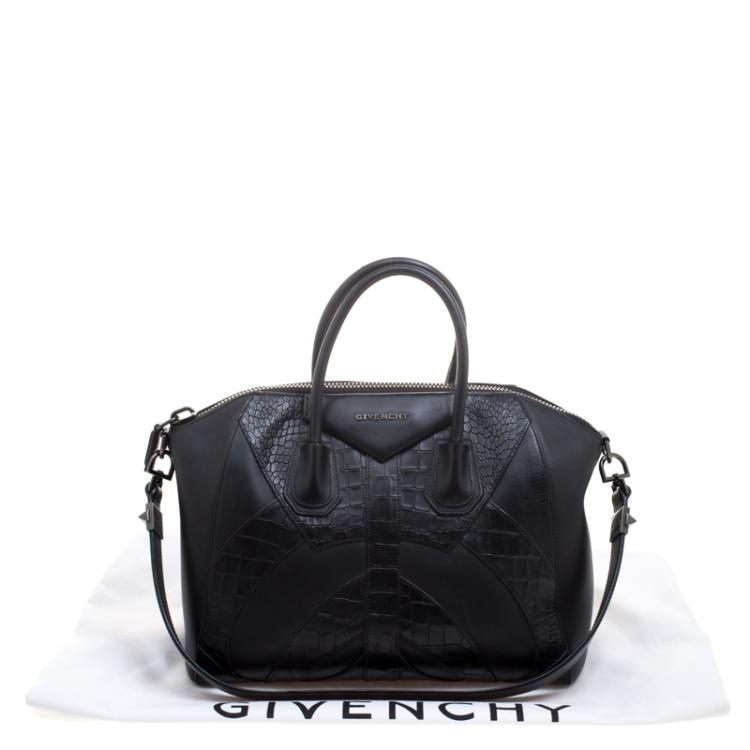 Pre Owned Givenchy Black Croc Embossed Leather Trim Medium Antigona Satchel