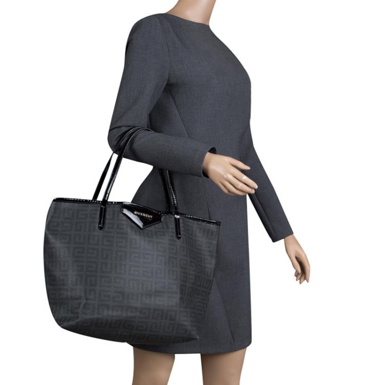 Pre Owned Givenchy Dark Grey/Black Coated Canvas Logo Print Antigona Shopper Tote