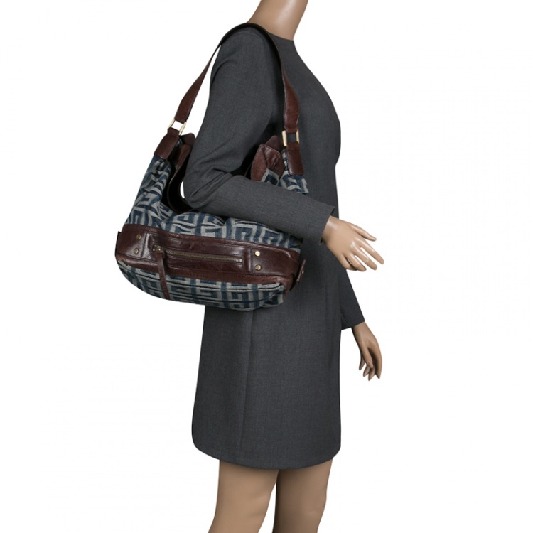 Pre Owned Givenchy Multicolor Denim and Leather Logo Print Hobo