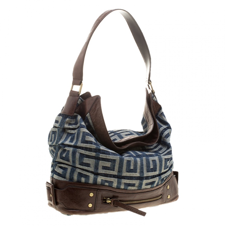 Pre Owned Givenchy Multicolor Denim and Leather Logo Print Hobo