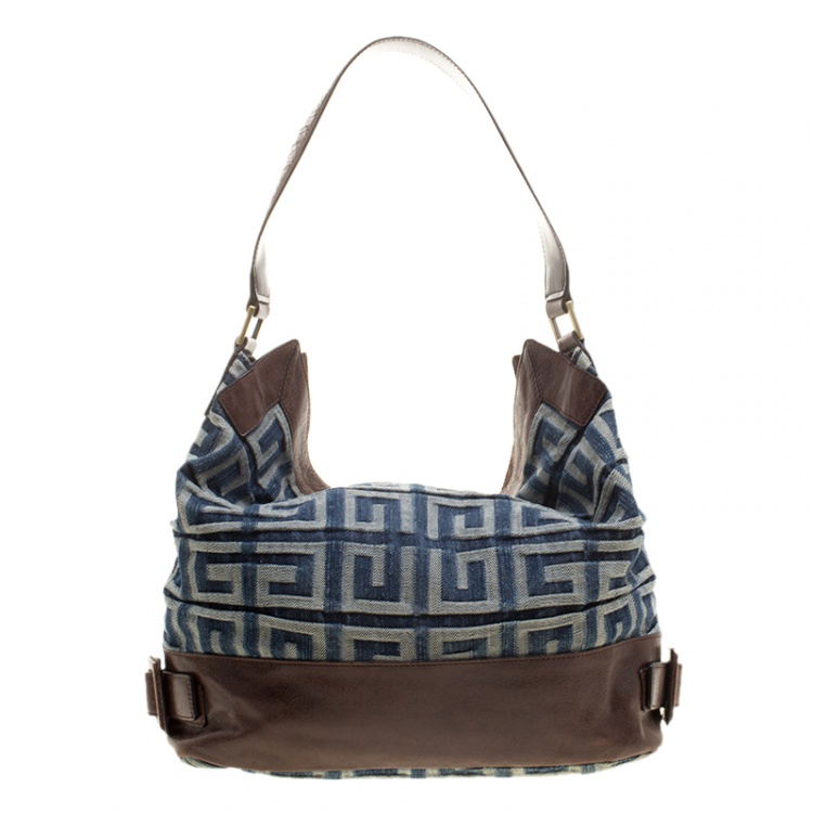 Pre Owned Givenchy Multicolor Denim and Leather Logo Print Hobo