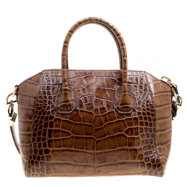 Pre Owned Givenchy Brown Croc Embossed Leather Small Antigona Top Handle Bag