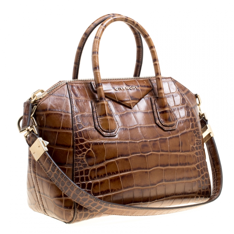 Pre Owned Givenchy Brown Croc Embossed Leather Small Antigona Top Handle Bag