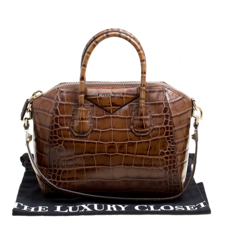 Pre Owned Givenchy Brown Croc Embossed Leather Small Antigona Top Handle Bag