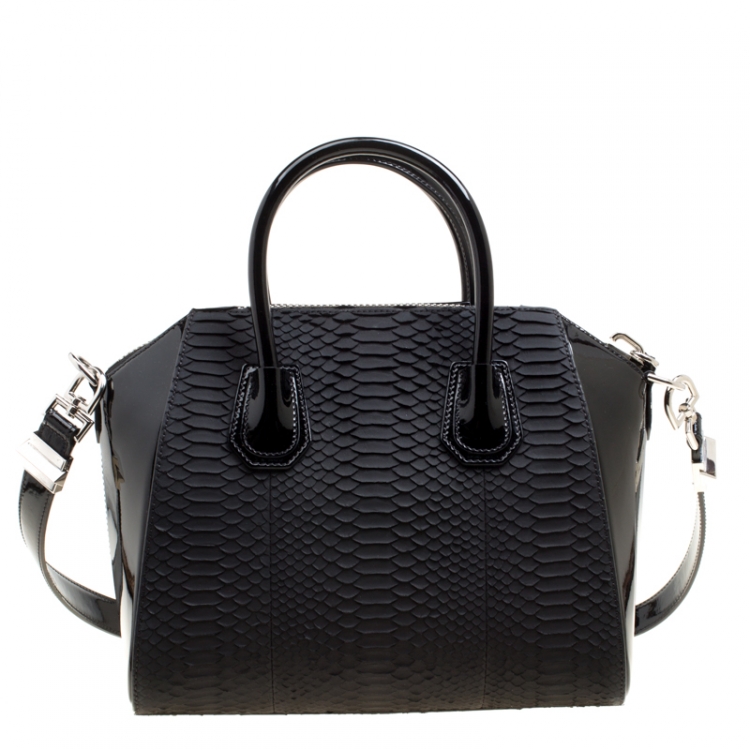 Pre Owned Givenchy Black Python and Patent Leather Small Antigona Top Handle Bag