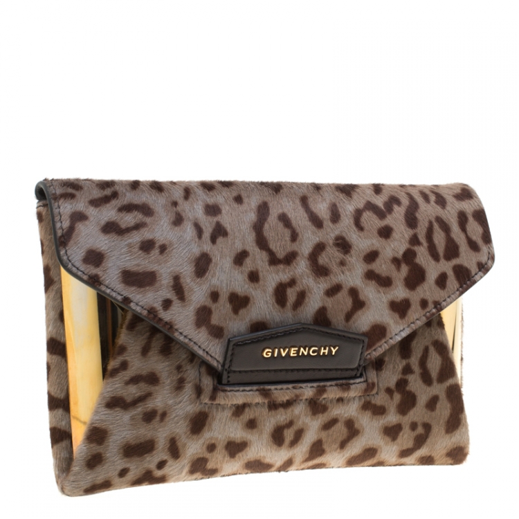 Pre Owned Givenchy Beige Leopard Print Pony Hair Antigona Envelope Clutch Bag