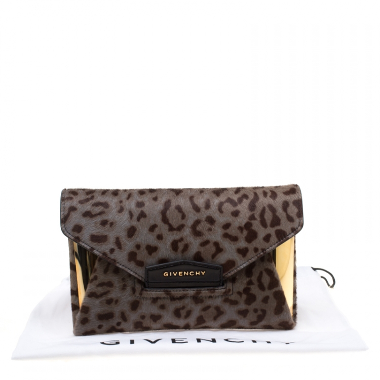Pre Owned Givenchy Beige Leopard Print Pony Hair Antigona Envelope Clutch Bag