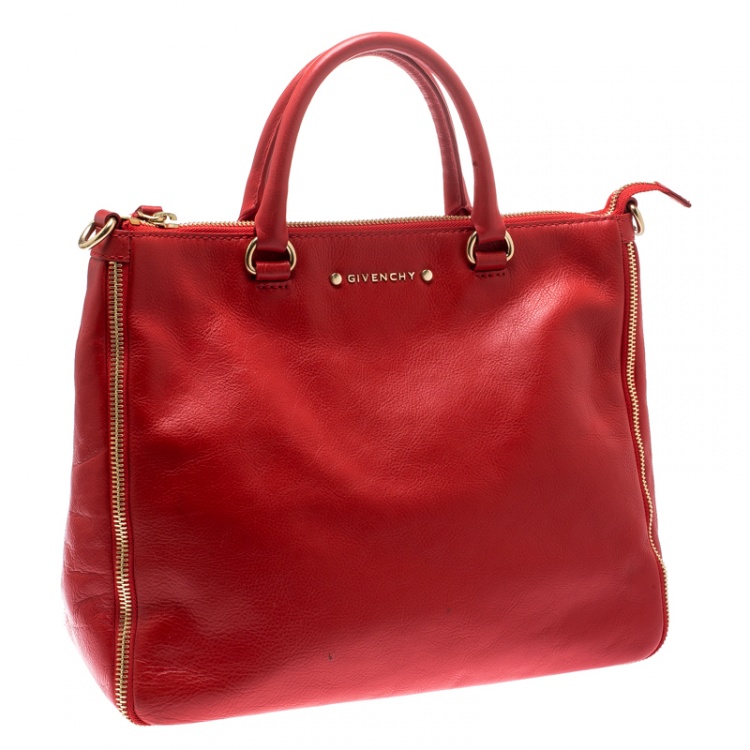 Pre Owned Givenchy Red Leather Zip Detail Top Handle Bag