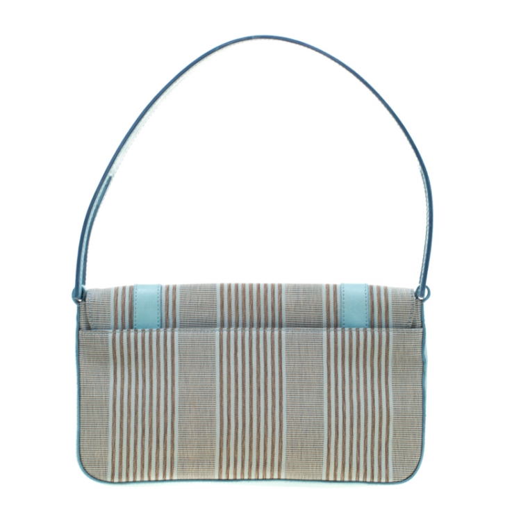 Pre Owned Givenchy Powder Blue Stripped Canvas and Leather Shoulder Bag
