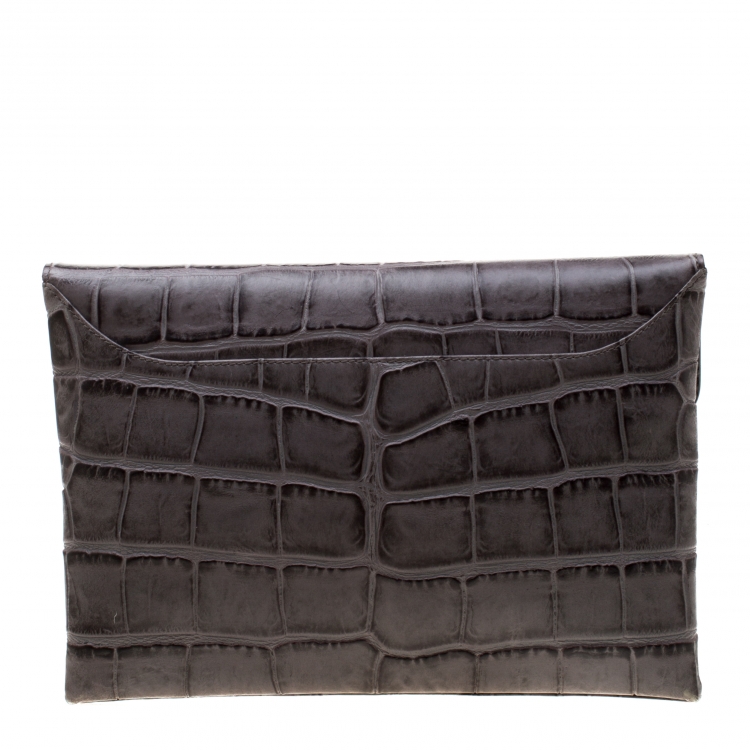 Pre Owned Givenchy Grey Croc Embossed Leather Antigona Envelope Clutch