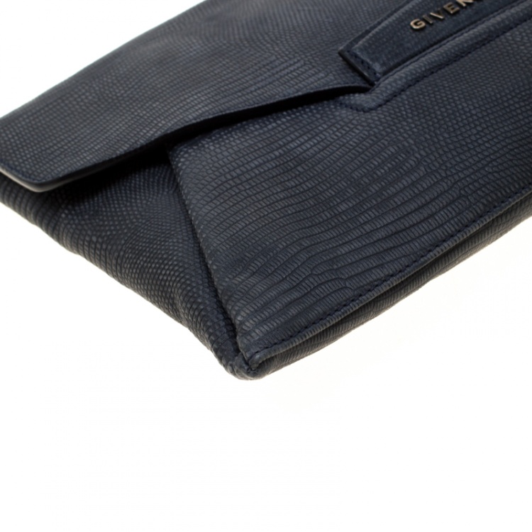 Pre Owned Givenchy Black Lizard Embossed Antigona Envelope Clutch