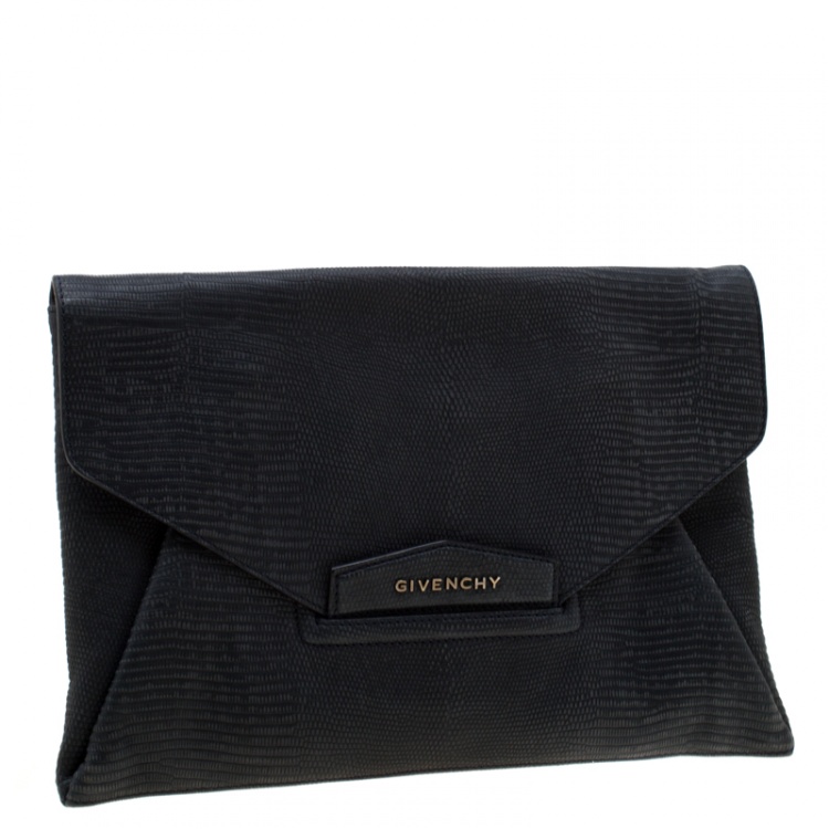 Pre Owned Givenchy Black Lizard Embossed Antigona Envelope Clutch