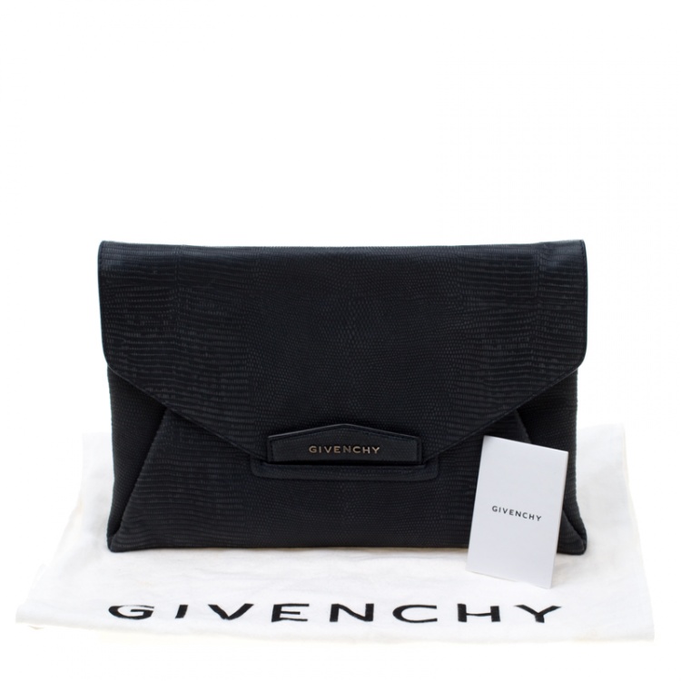 Pre Owned Givenchy Black Lizard Embossed Antigona Envelope Clutch