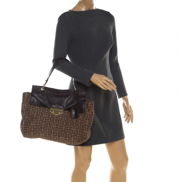Pre Owned Givenchy Brown Signature Canvas and Leather Flap Top Handle Bag