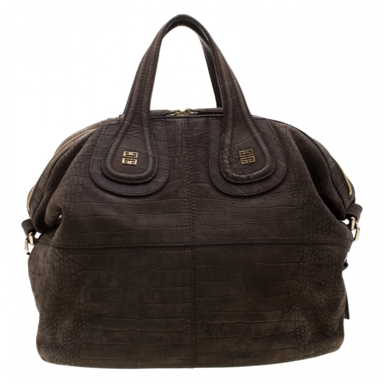 Pre Owned Givenchy Khaki Crocodile Embossed Nubuck Leather Nightingale Tote