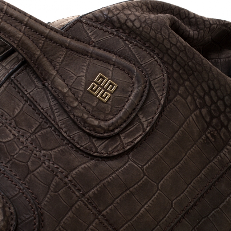 Pre Owned Givenchy Khaki Crocodile Embossed Nubuck Leather Nightingale Tote
