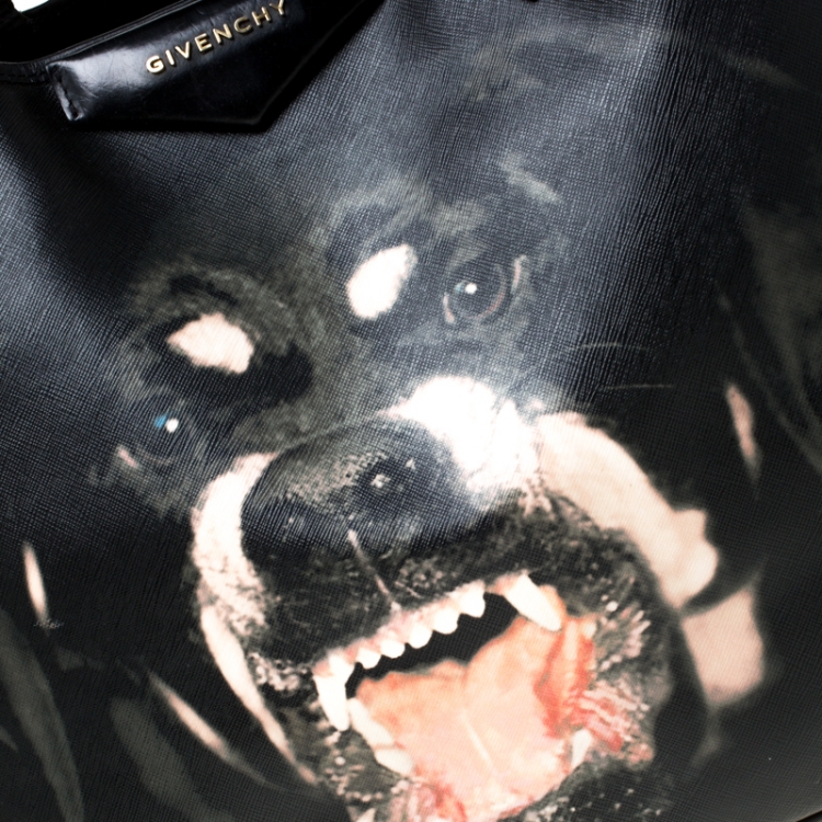 Pre Owned Givenchy Black Rottweiler Print Coated Canvas Medium Antigona Tote