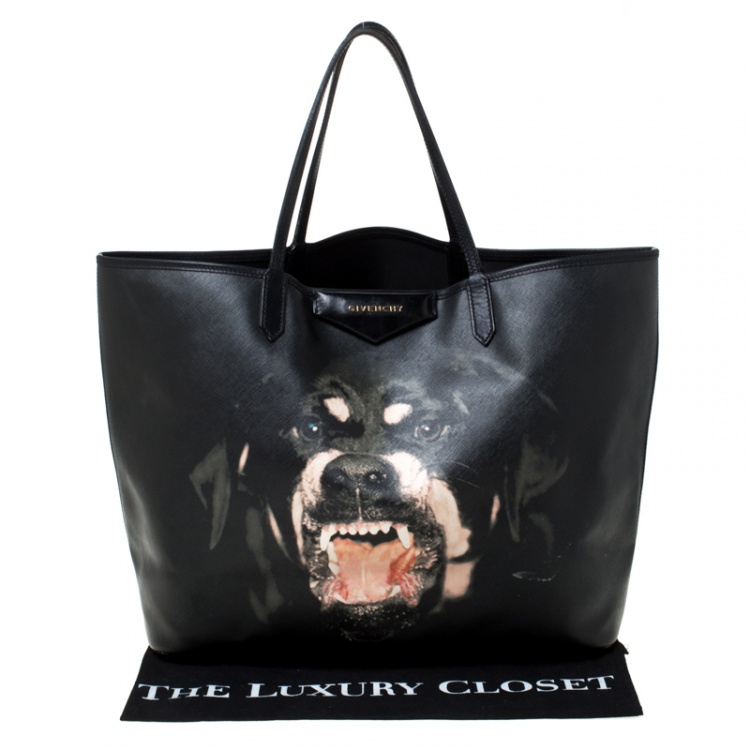 Pre Owned Givenchy Black Rottweiler Print Coated Canvas Medium Antigona Tote