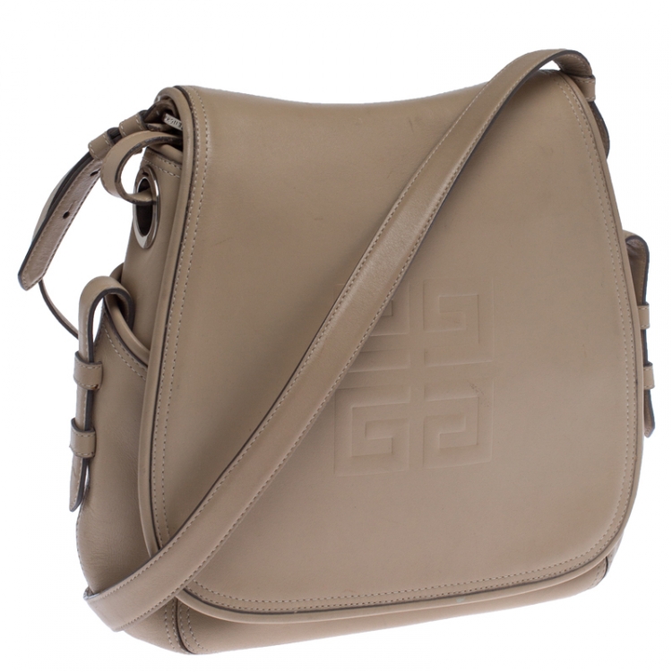 Pre Owned Givenchy Beige Leather Logo Flap Shoulder Bag