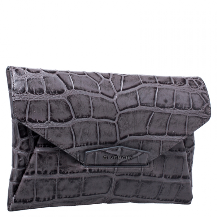 Pre Owned Givenchy Grey Croc Embossed Leather Medium Antigona Envelope Clutch