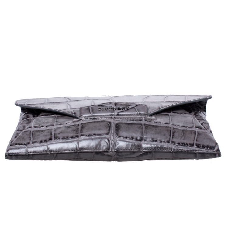 Pre Owned Givenchy Grey Croc Embossed Leather Medium Antigona Envelope Clutch