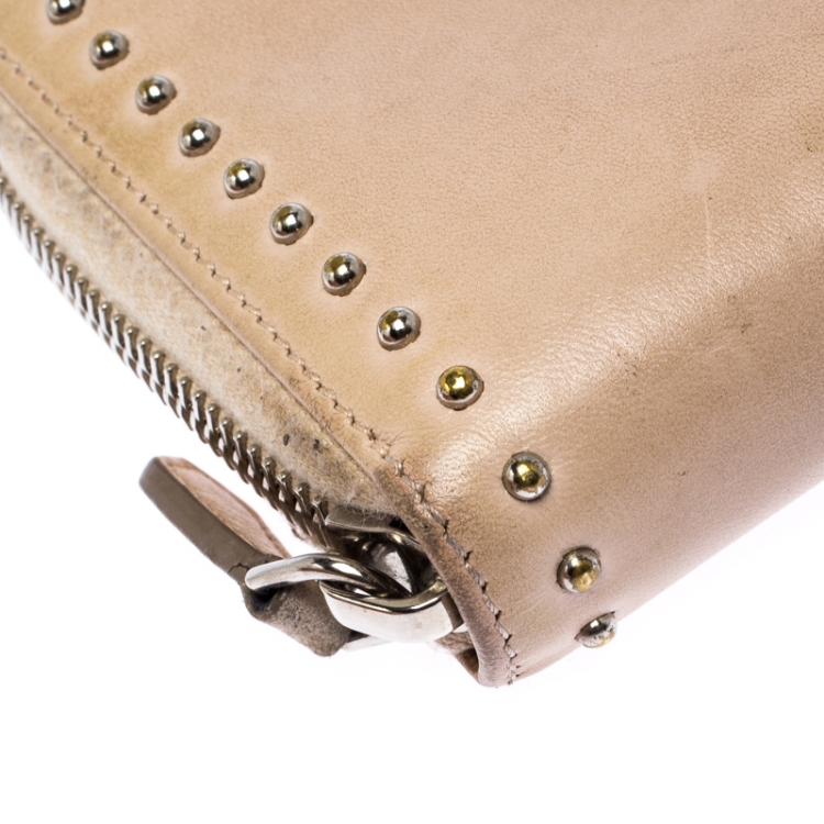 Pre Owned Givenchy Beige Studded Leather Pandora Zip Around Wallet