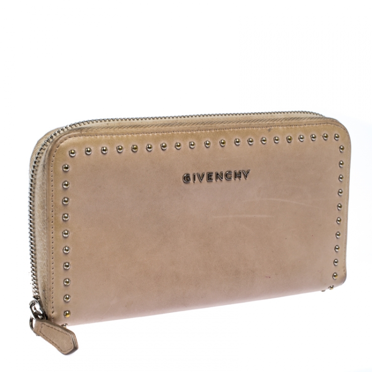 Pre Owned Givenchy Beige Studded Leather Pandora Zip Around Wallet