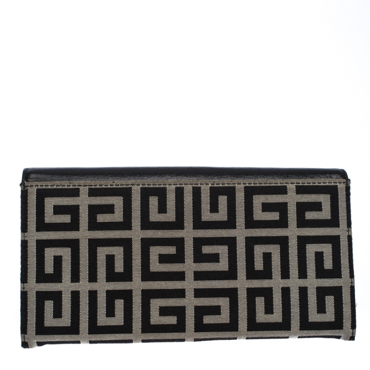Pre Owned Givenchy Black/White Signature Leather and Canvas Flap Continental Wallet