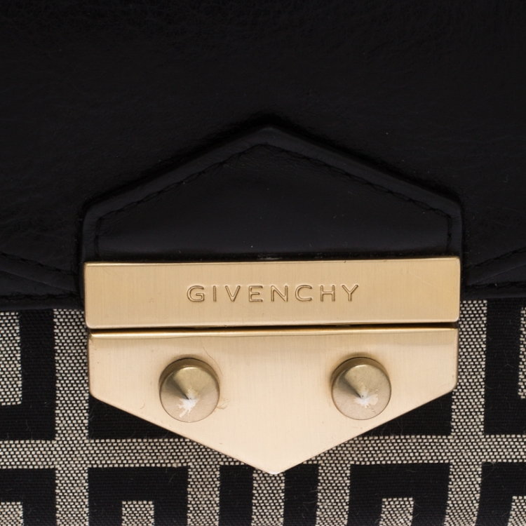 Pre Owned Givenchy Black/White Signature Leather and Canvas Flap Continental Wallet