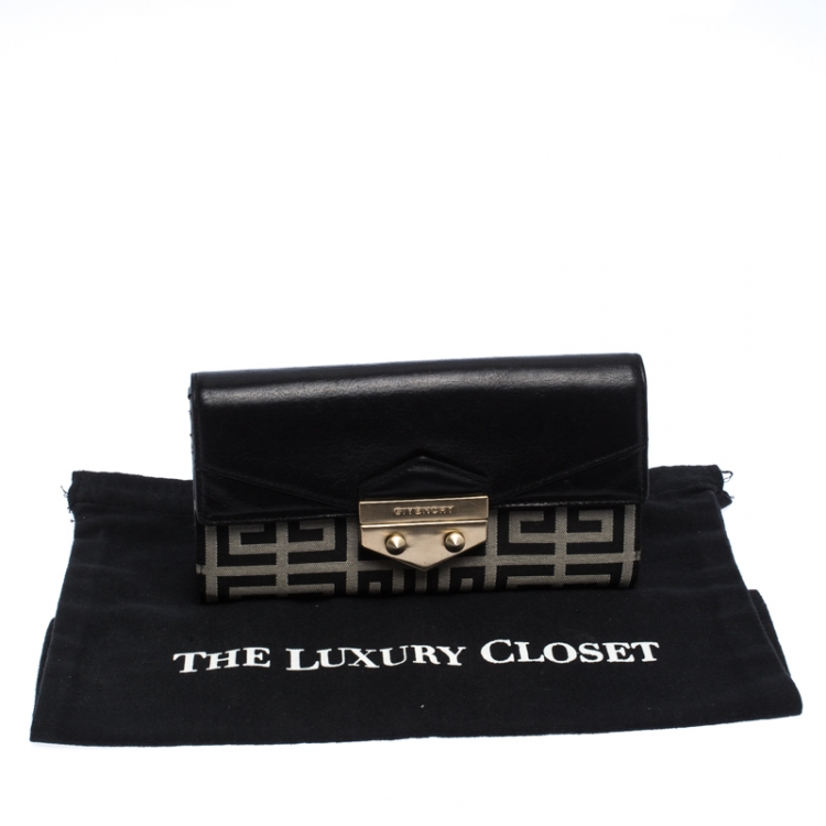 Pre Owned Givenchy Black/White Signature Leather and Canvas Flap Continental Wallet