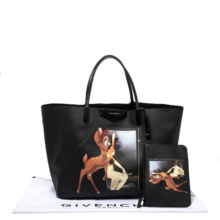 Pre Owned Givenchy Black Bambi Print Coated Canvas and Leather Antigona Shopper Tote