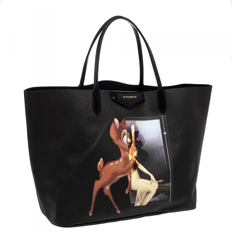 Pre Owned Givenchy Black Bambi Print Coated Canvas and Leather Antigona Shopper Tote