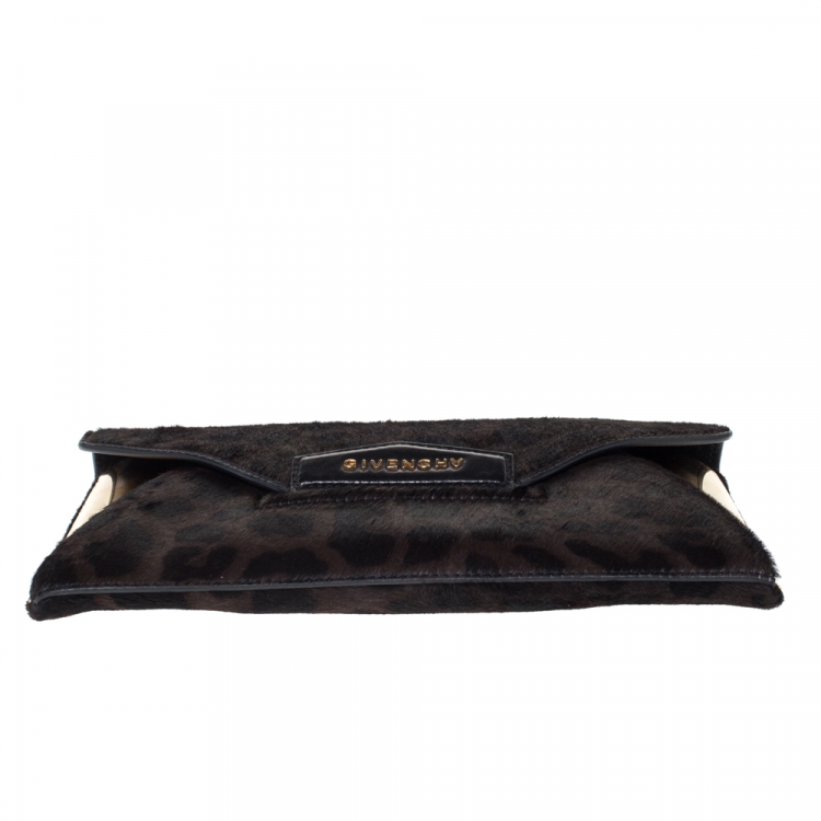 Pre Owned Givenchy Black/Brown Leopard Calfhair and Leather Antigona Metal Clutch