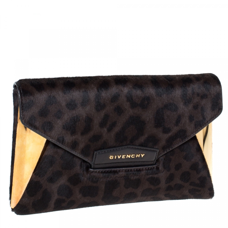 Pre Owned Givenchy Black/Brown Leopard Calfhair and Leather Antigona Metal Clutch