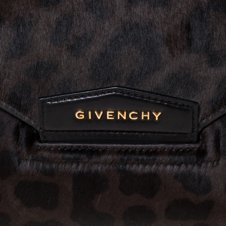 Pre Owned Givenchy Black/Brown Leopard Calfhair and Leather Antigona Metal Clutch