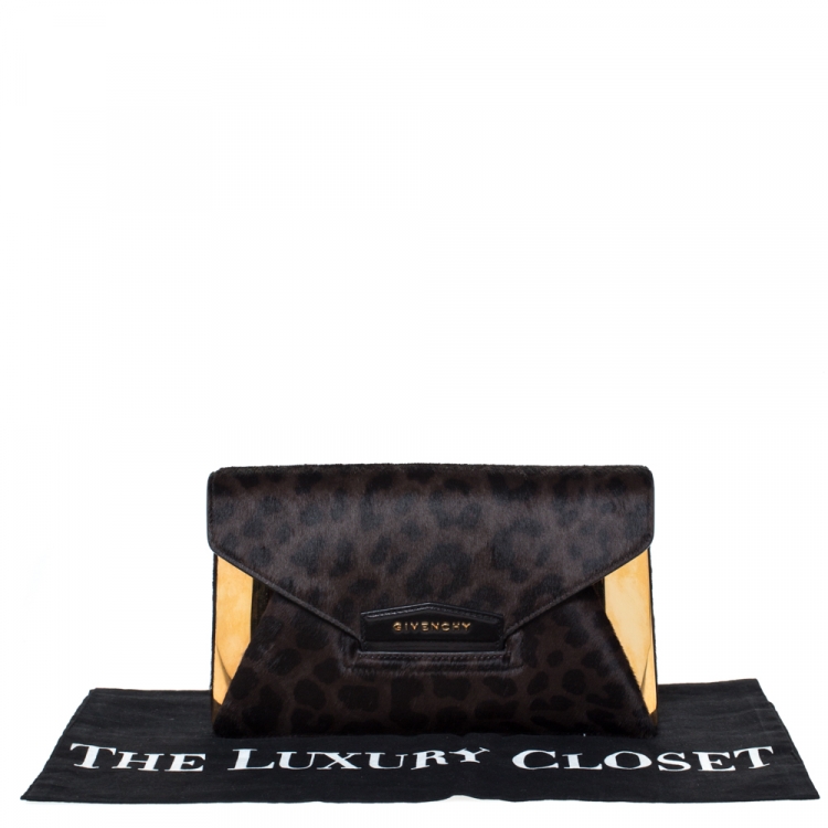 Pre Owned Givenchy Black/Brown Leopard Calfhair and Leather Antigona Metal Clutch