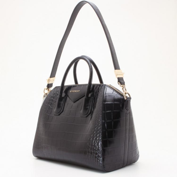 Pre Owned Givenchy Black Croc Embossed Medium Antigona Satchel