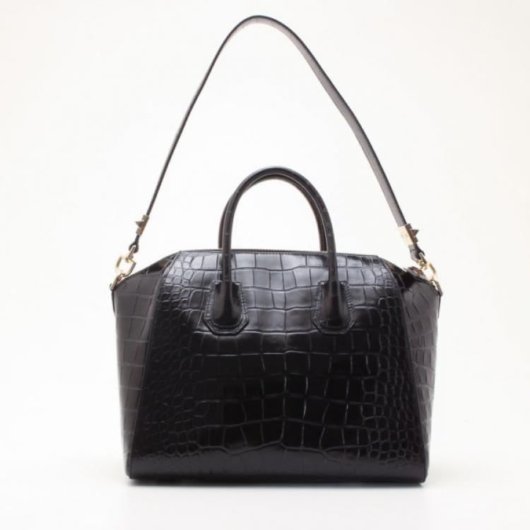 Pre Owned Givenchy Black Croc Embossed Medium Antigona Satchel