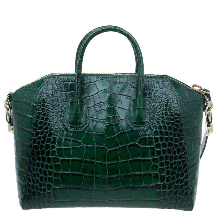 Pre Owned Givenchy Green Croc Embossed Leather Medium Antigona Satchel
