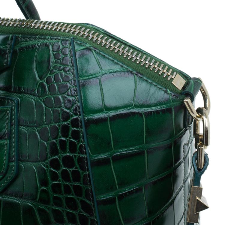 Pre Owned Givenchy Green Croc Embossed Leather Medium Antigona Satchel