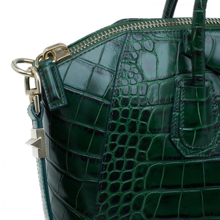 Pre Owned Givenchy Green Croc Embossed Leather Medium Antigona Satchel
