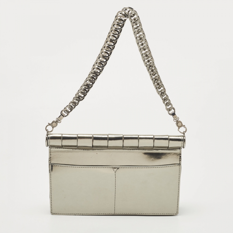 Pre Owned Versace Silver Mirrored Leather Flap Chain Shoulder Bag