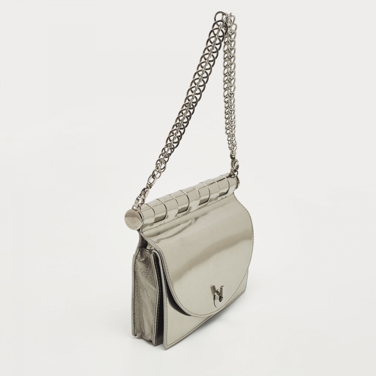 Pre Owned Versace Silver Mirrored Leather Flap Chain Shoulder Bag