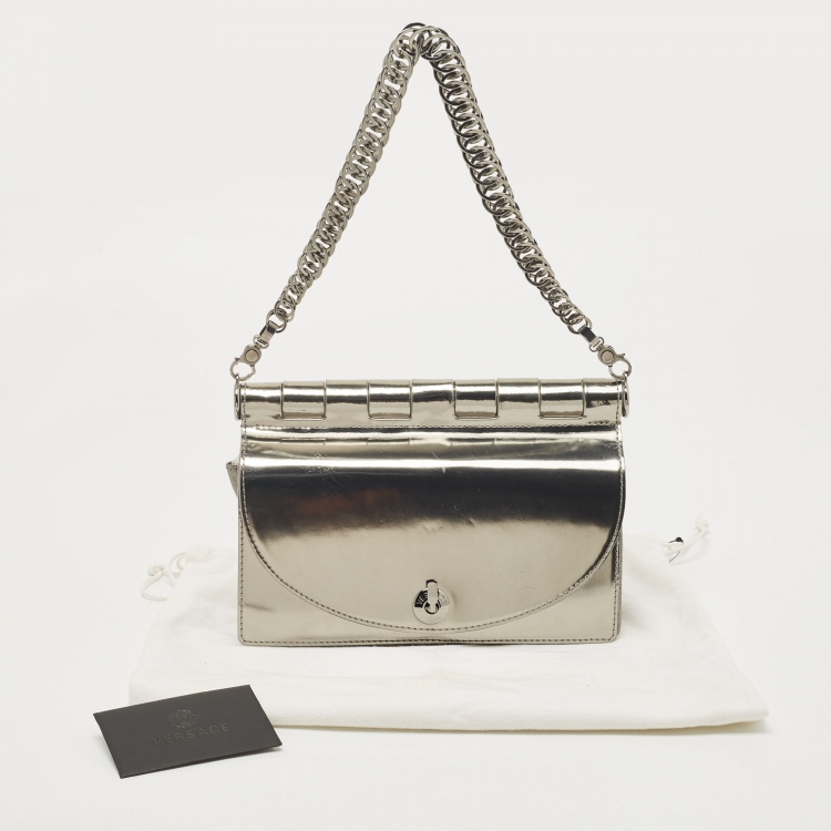 Pre Owned Versace Silver Mirrored Leather Flap Chain Shoulder Bag
