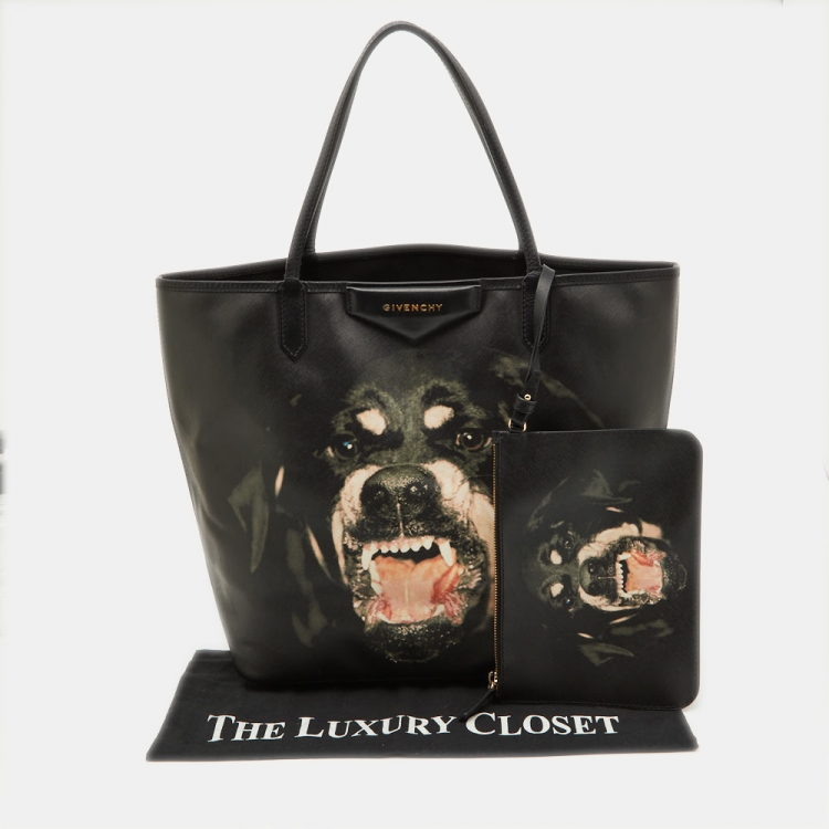 Pre Owned Givenchy Black Coated Canvas and Leather Rottweiler Medium Antigona Tote