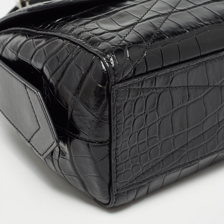 Pre Owned Givenchy Black Croc Embossed Leather Small ID Flap Top Handle Bag